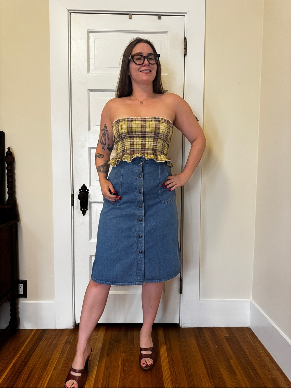 Y2K does 70s Brown and Yellow Plaid Tube Top - Picture 2 of 6